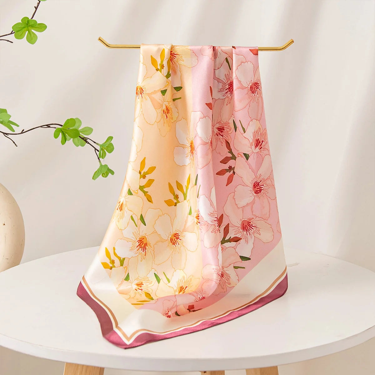 Two-tone floral Silk Square Scarf hanging display