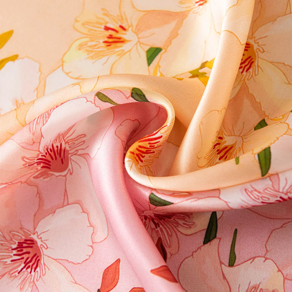 Two-tone peach blossom silk scarf fabric close-up