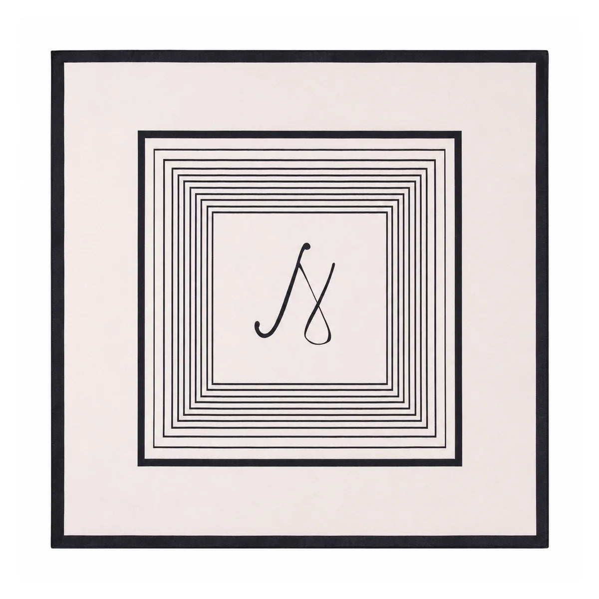 White silk scarf with concentric black squares and central monogram