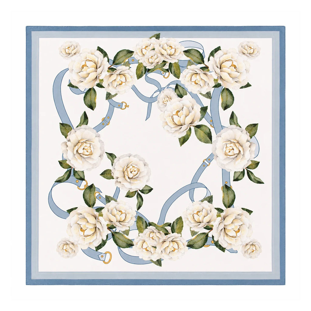 White silk square scarf with blue straps and white flowers