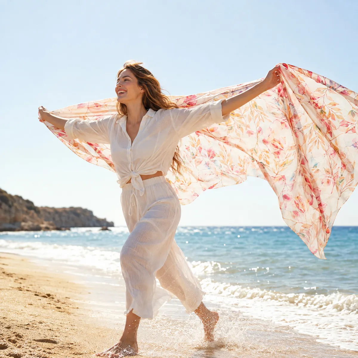 Woman holding amber leaf silk scarf at beach