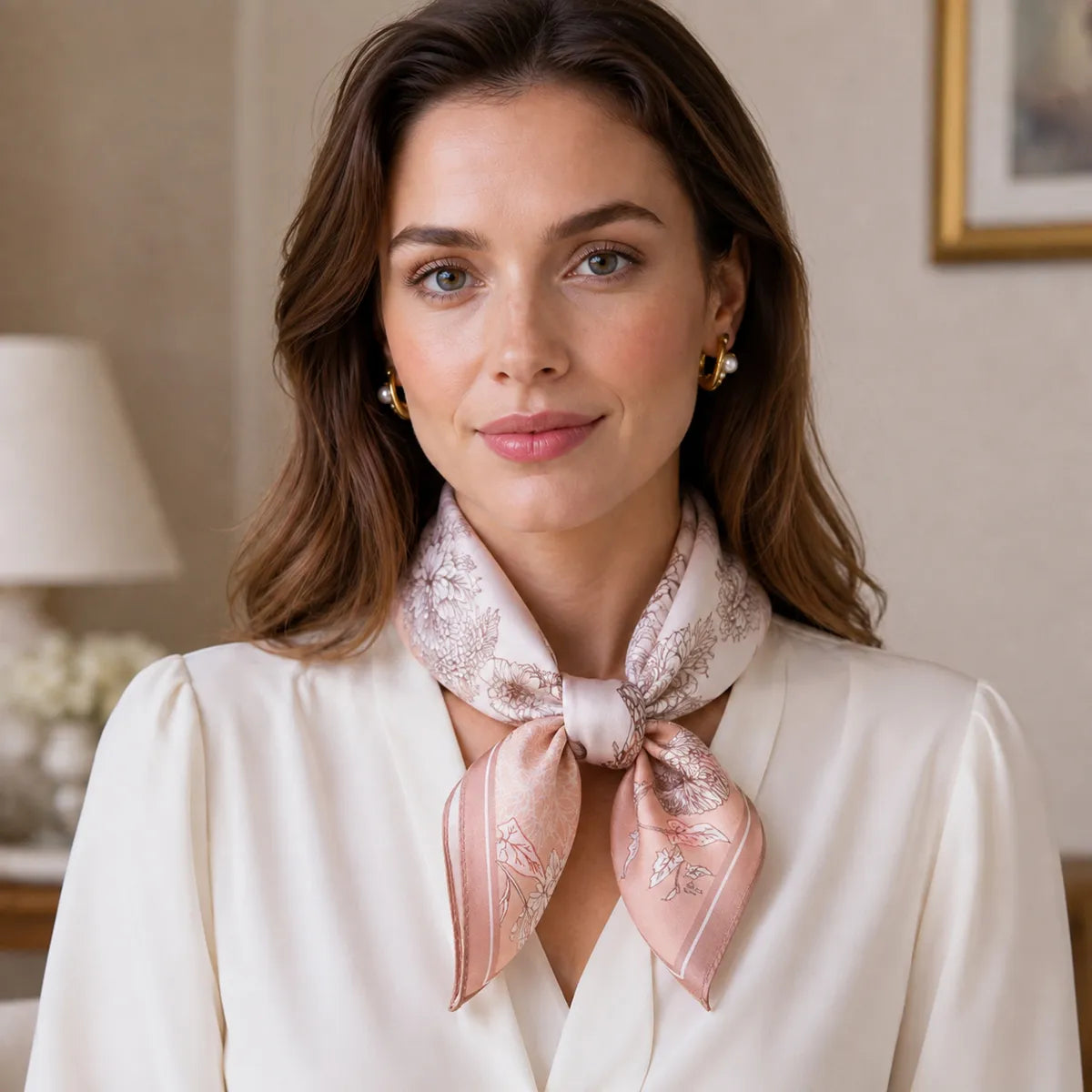 Woman in white shirt, same pink floral scarf tied in a front knot