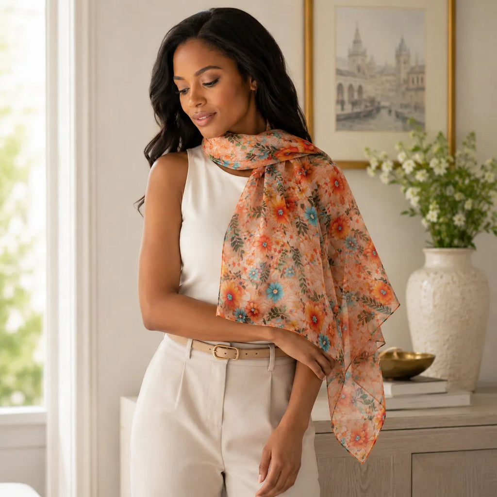 Woman styling apricot wildflower silk scarf indoors