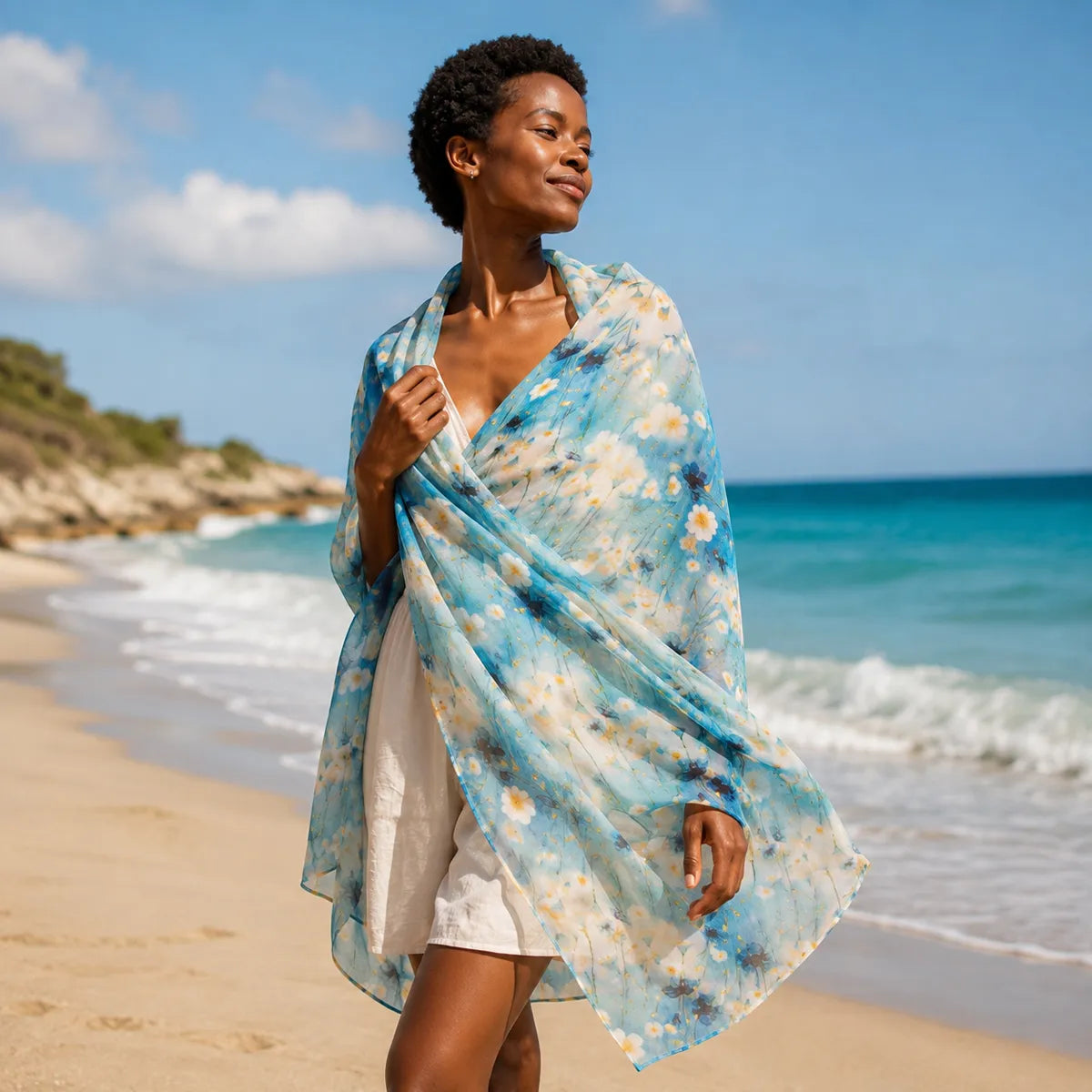Woman styling aqua silk scarf at beach