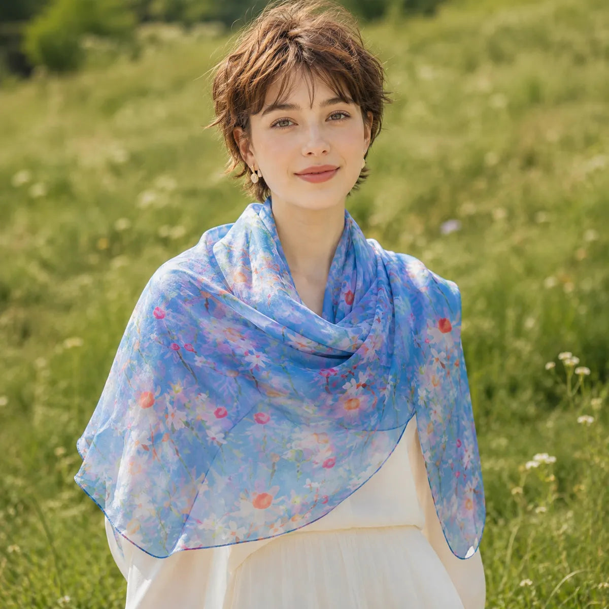 Woman styling blue wildflower silk shawl outdoors