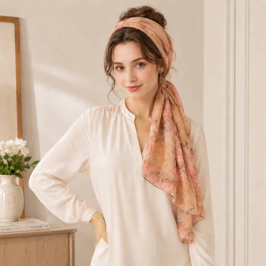 Woman styling blush cherry blossom silk headscarf indoors