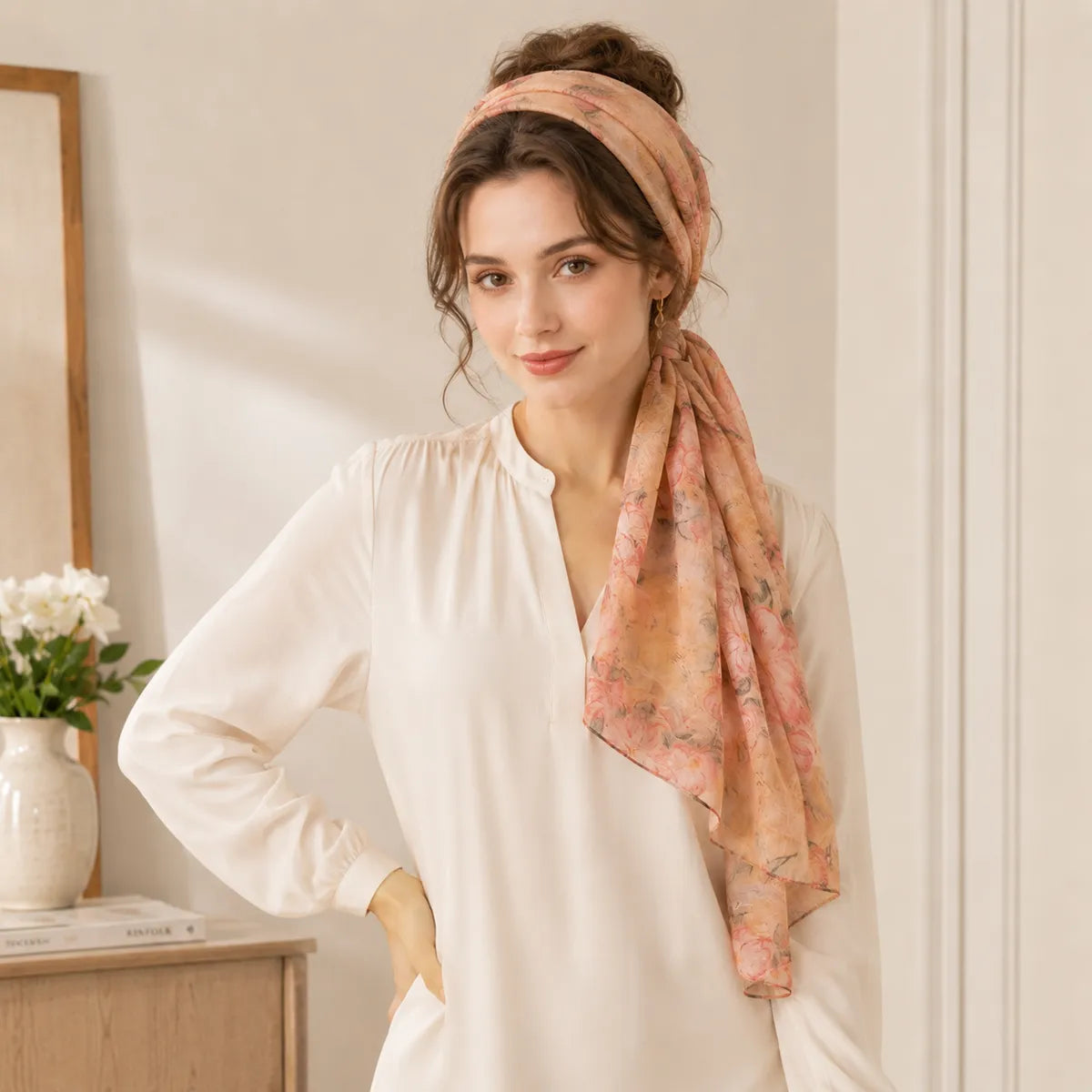 Woman styling blush cherry blossom silk headscarf indoors