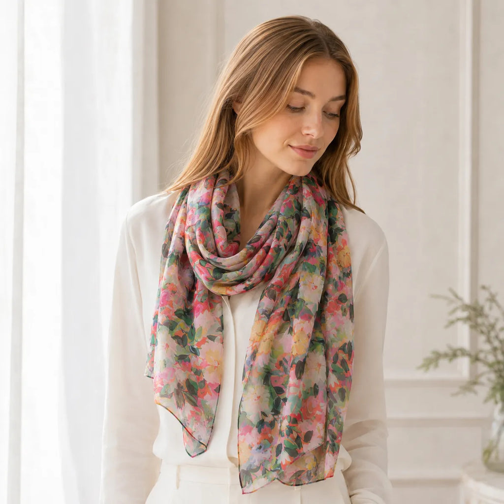 Woman styling blush daisy silk scarf
