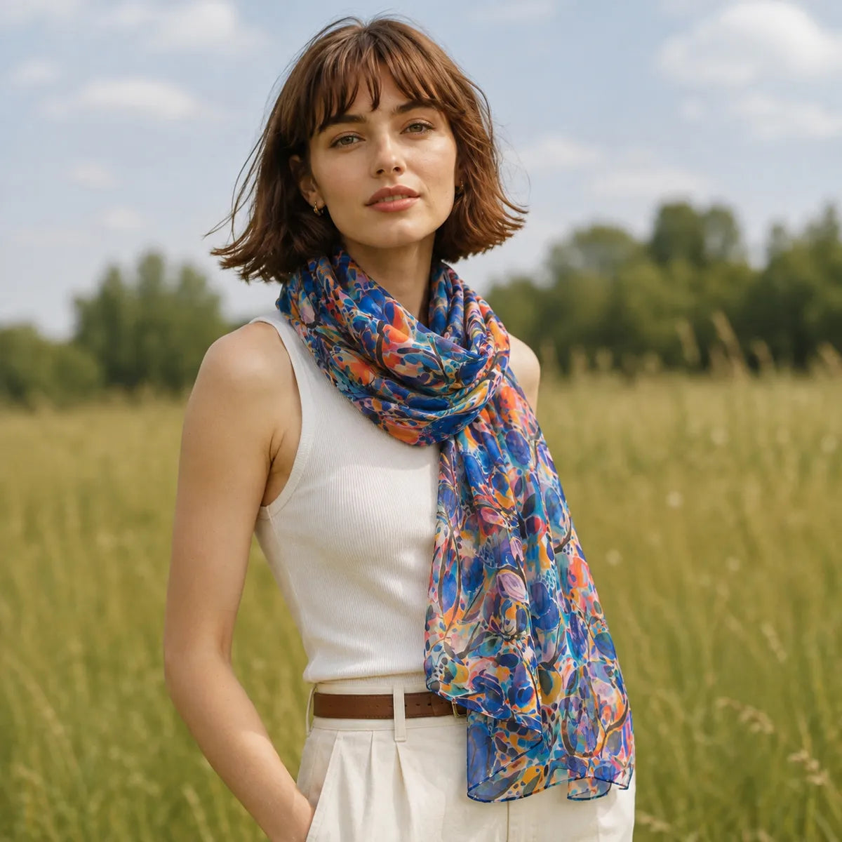 Woman styling cobalt floral silk scarf in meadow