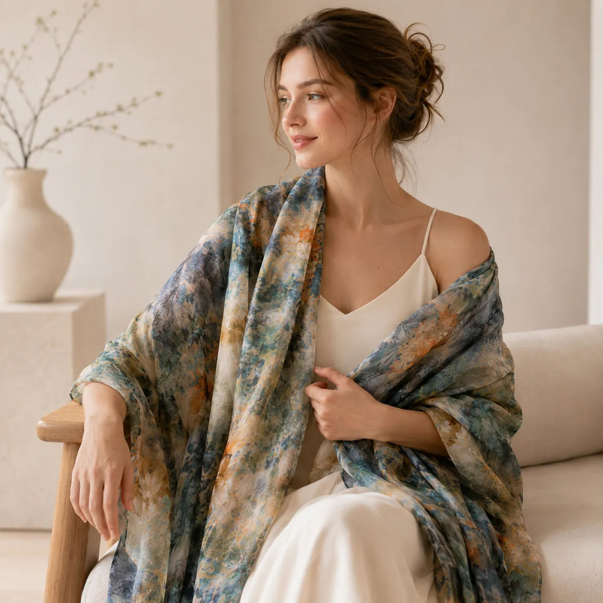 Woman styling emerald botanical silk shawl indoors