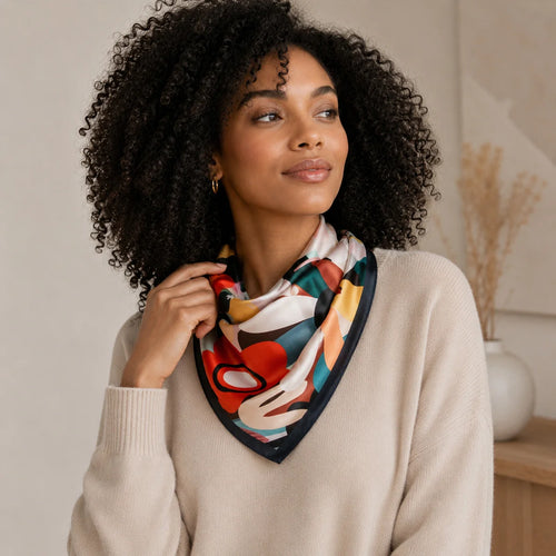 Woman wearing abstract floral Silk Square Scarf necktie