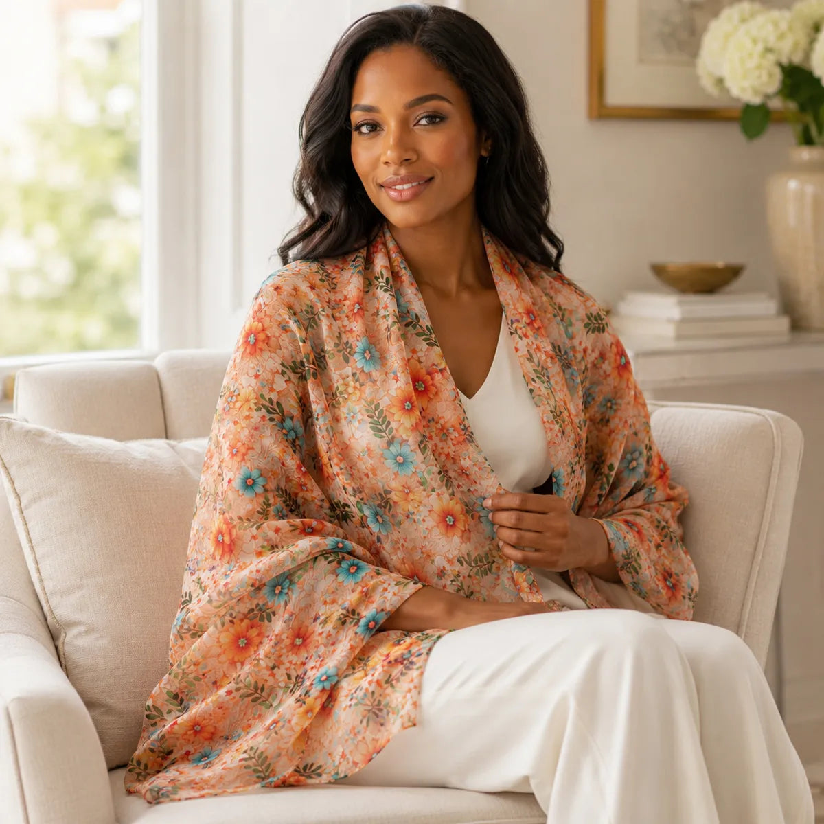 Woman wearing apricot wildflower silk shawl indoors