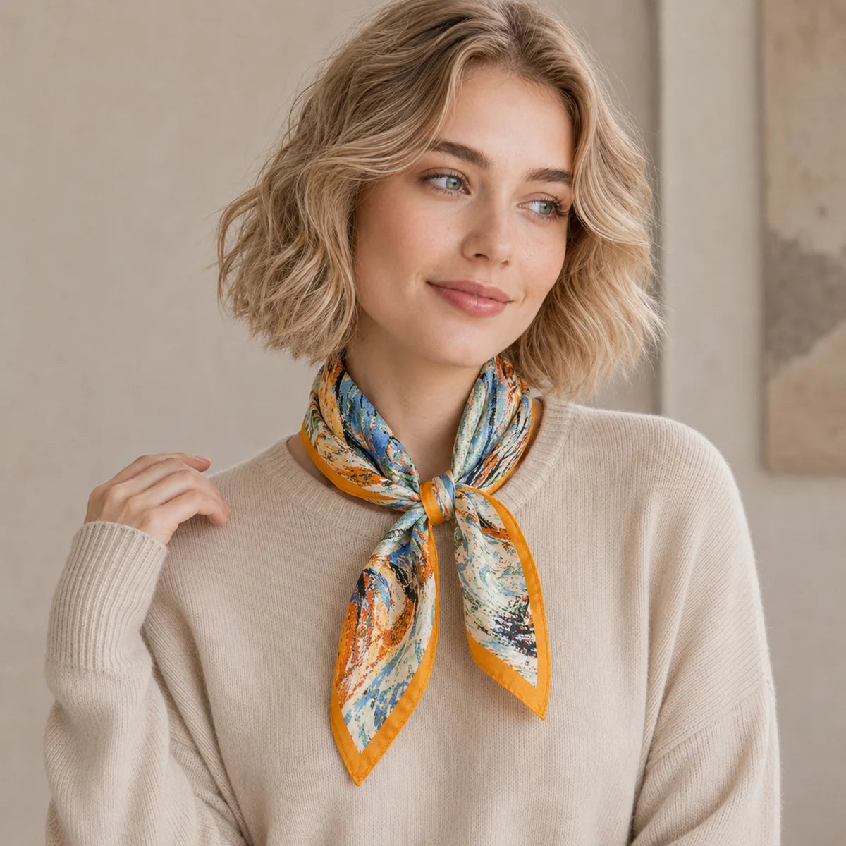 Woman wearing autumn oil painting Silk Square Scarf
