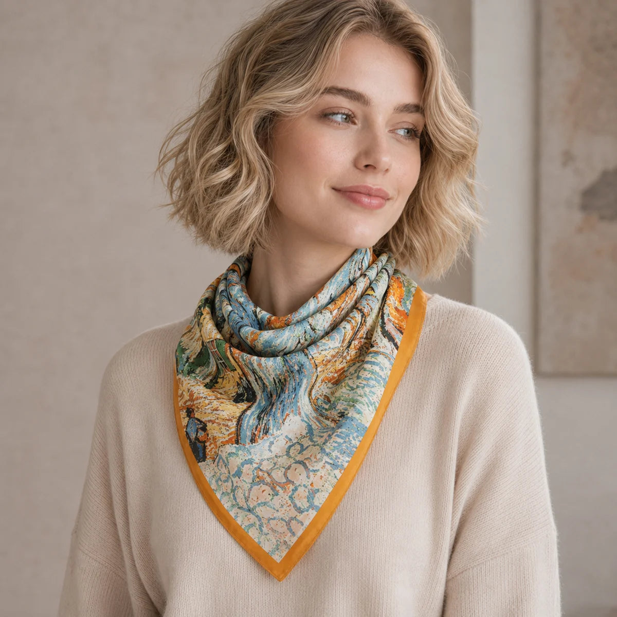 Woman wearing autumn oil painting scarf bandana style