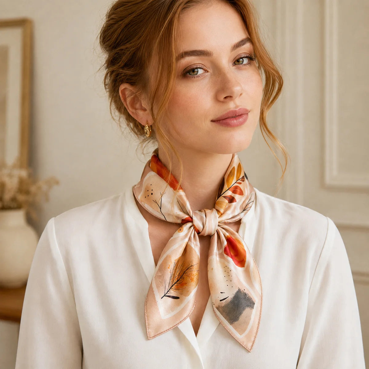 Woman wearing autumn print Silk Square Scarf bow
