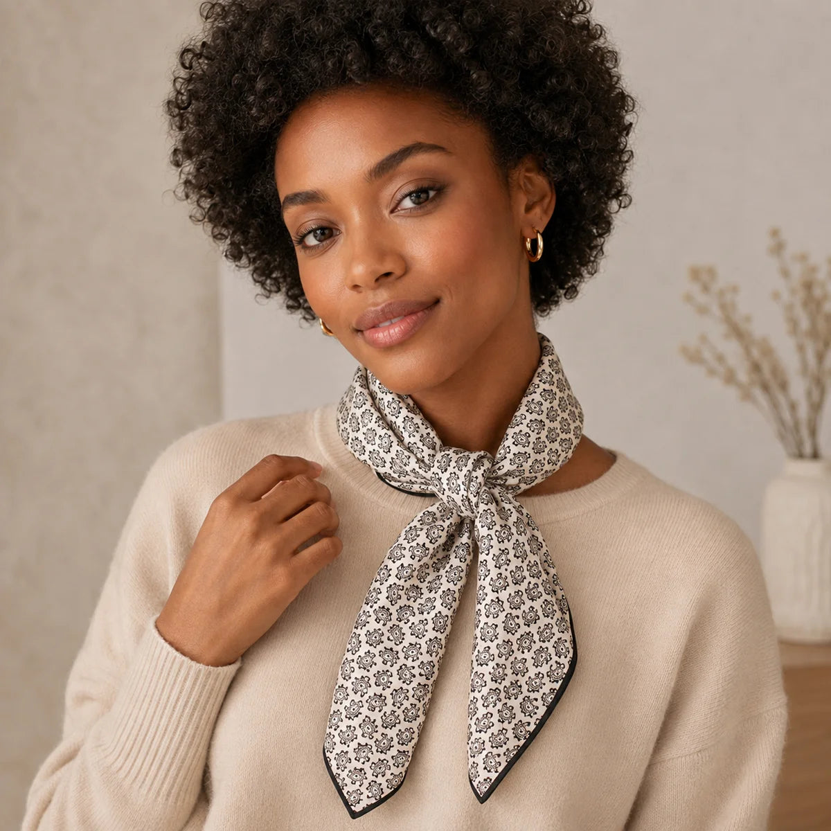 Woman wearing black paisley Silk Square Scarf necktie