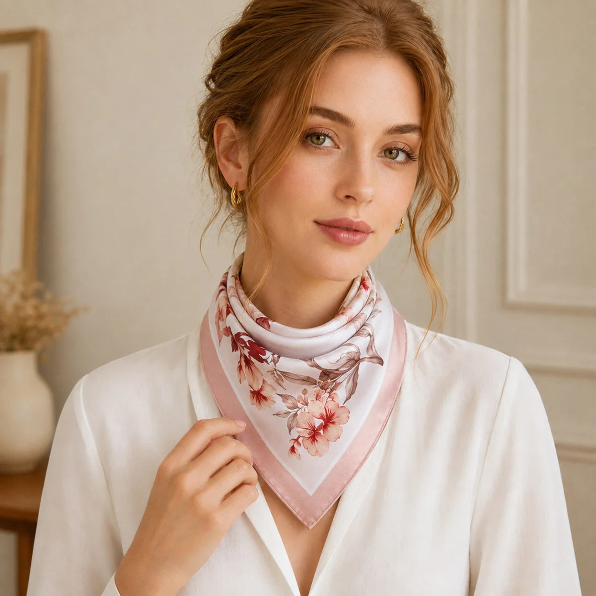 Woman wearing blossom Silk Square Scarf bandana style