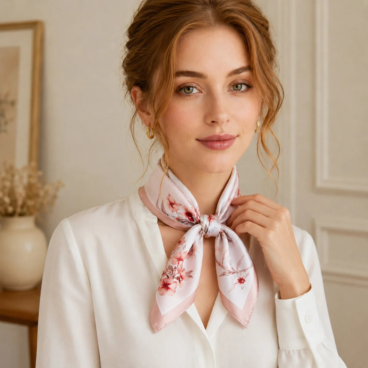 Woman wearing blossom Silk Square Scarf neck tie