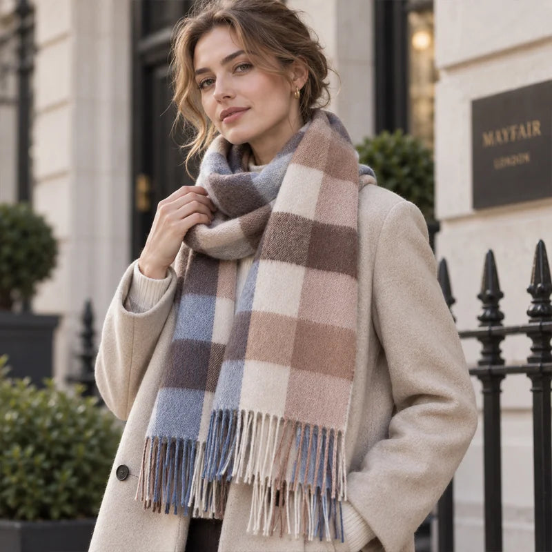 Woman wearing blue brown check cashmere scarf with coat