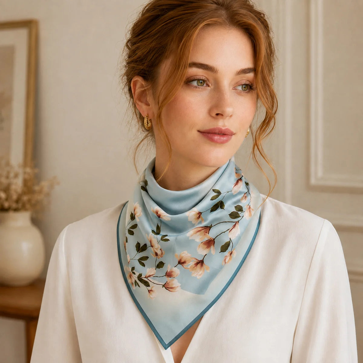 Woman wearing blue floral Silk Square Scarf bandana