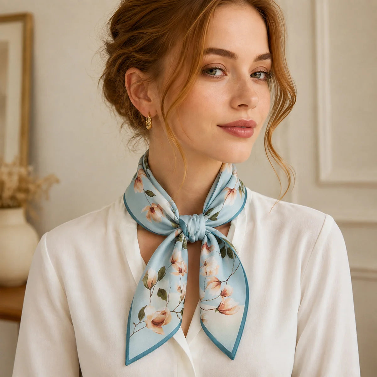 Woman wearing blue floral Silk Square Scarf bow