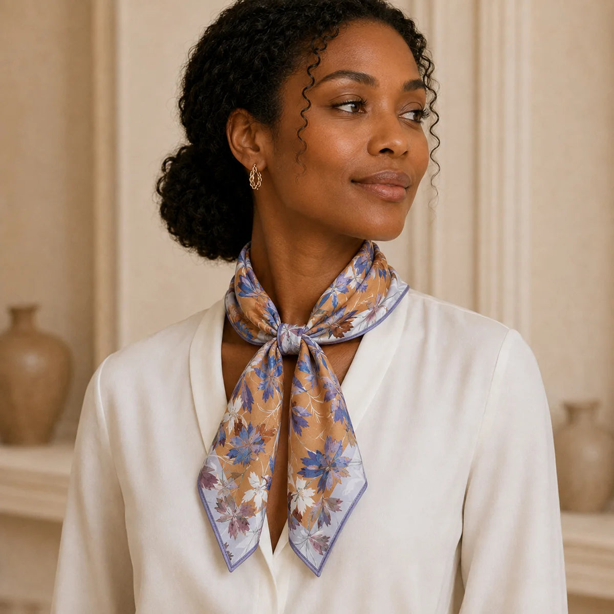 Woman wearing blue purple floral Silk Square Scarf