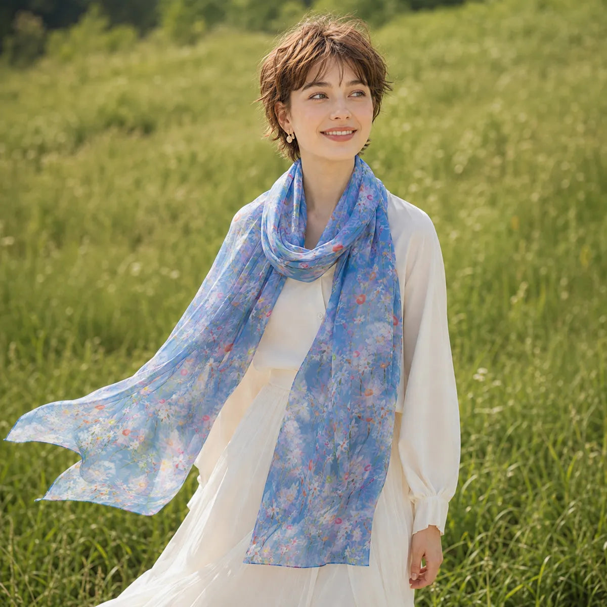 Woman wearing blue wildflower silk scarf outdoors