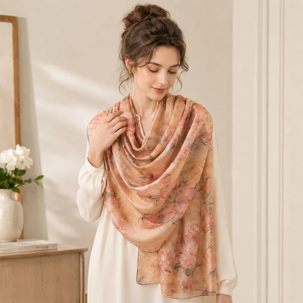 Woman wearing blush cherry blossom silk shawl indoors