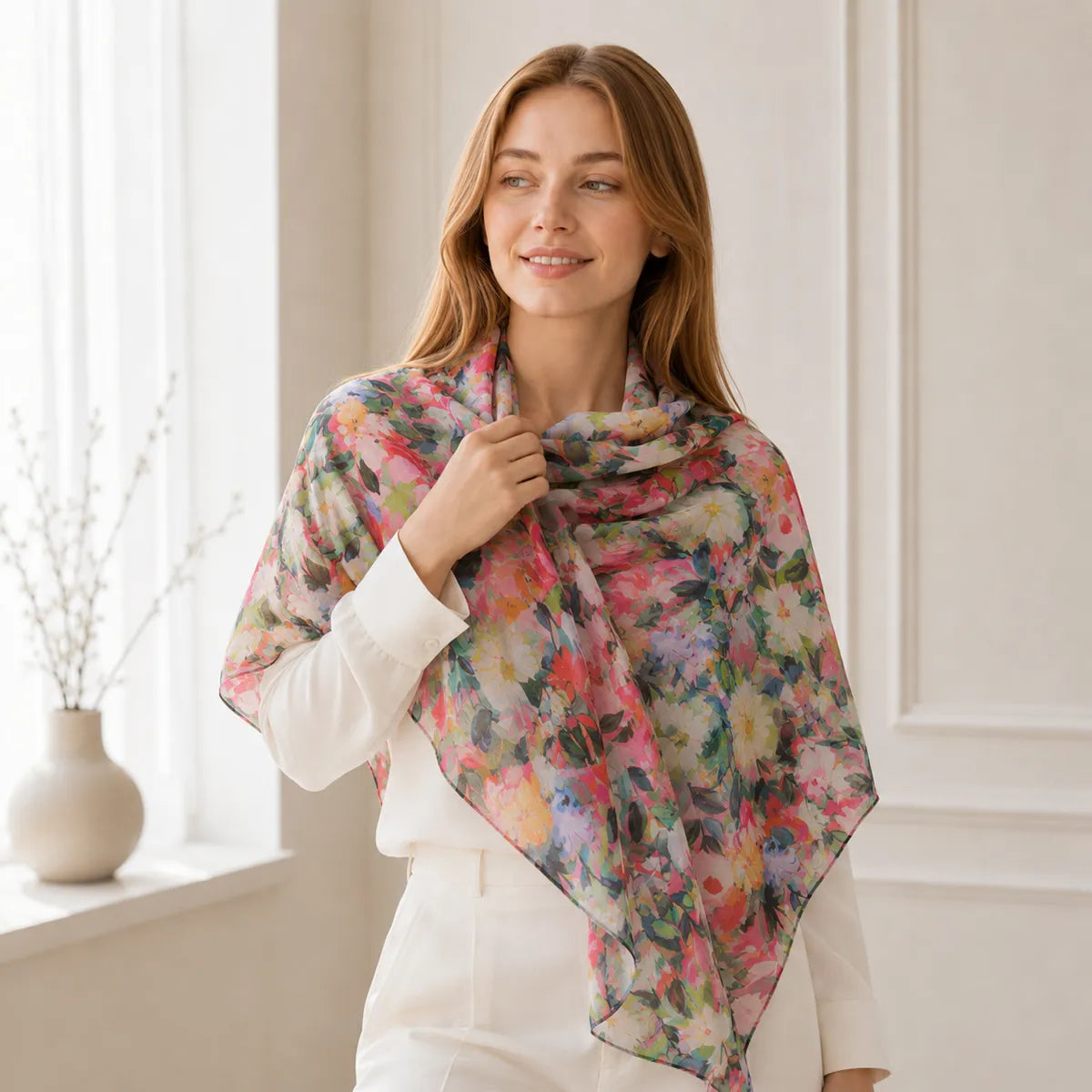 Woman wearing blush daisy silk shawl