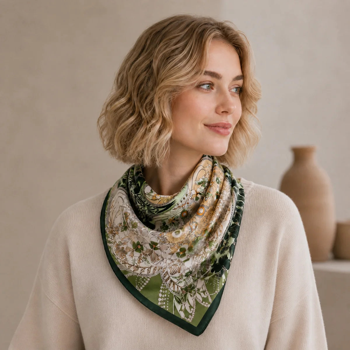 Woman wearing botanical scarf around neck