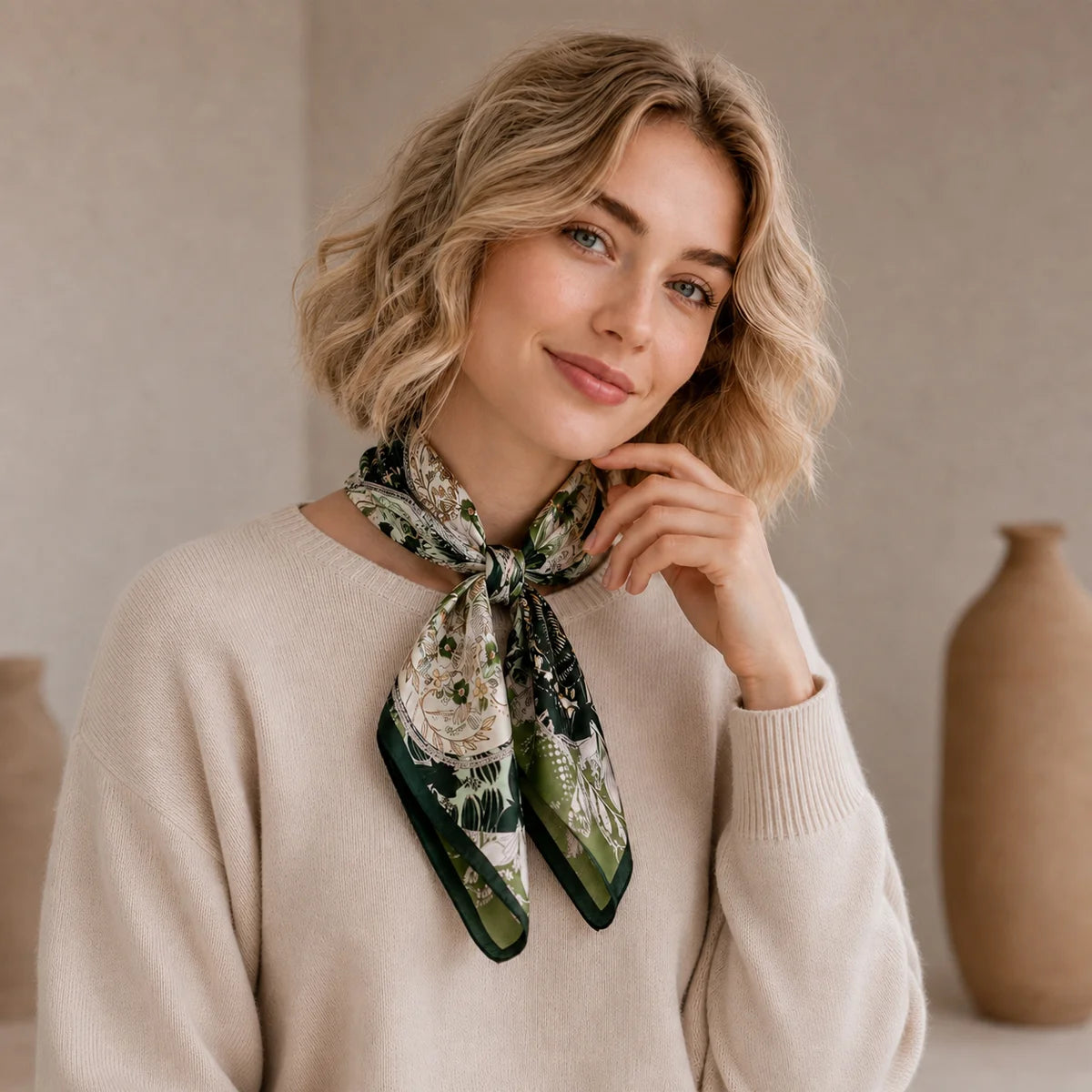 Woman wearing botanical scarf tied neatly