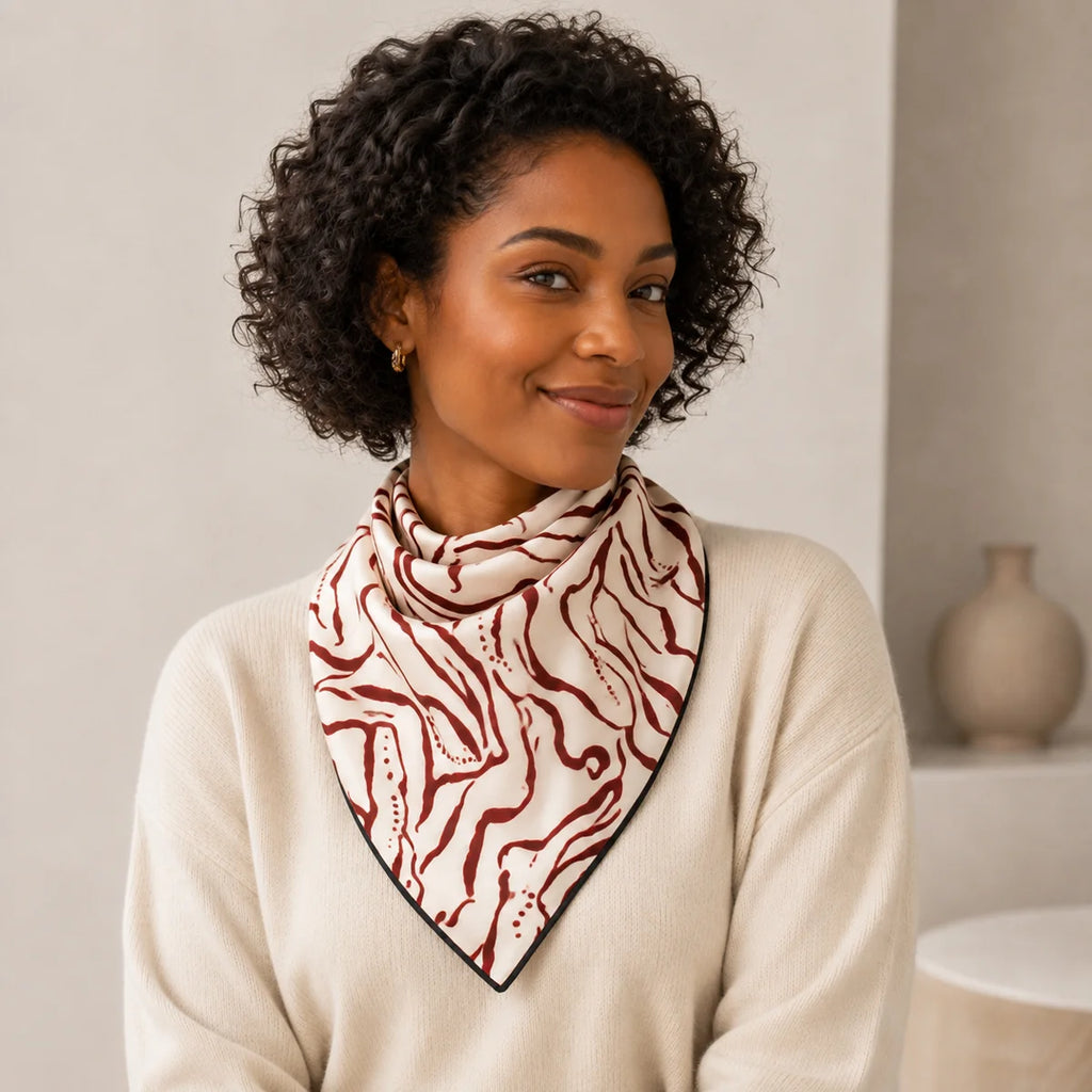 Woman wearing burgundy line Silk Square Scarf bandana