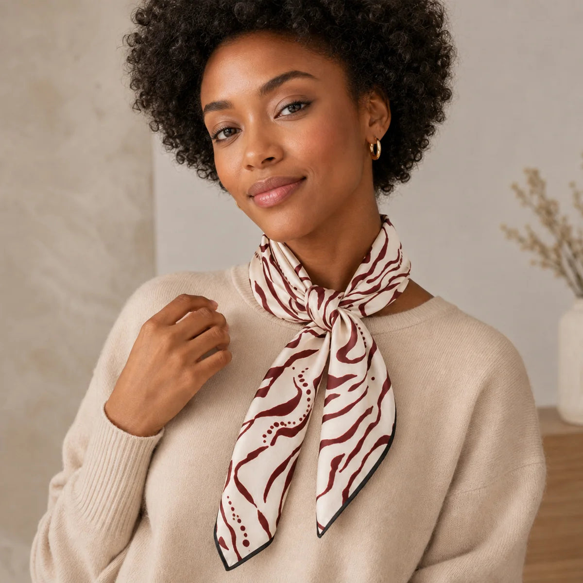 Woman wearing burgundy line Silk Square Scarf necktie