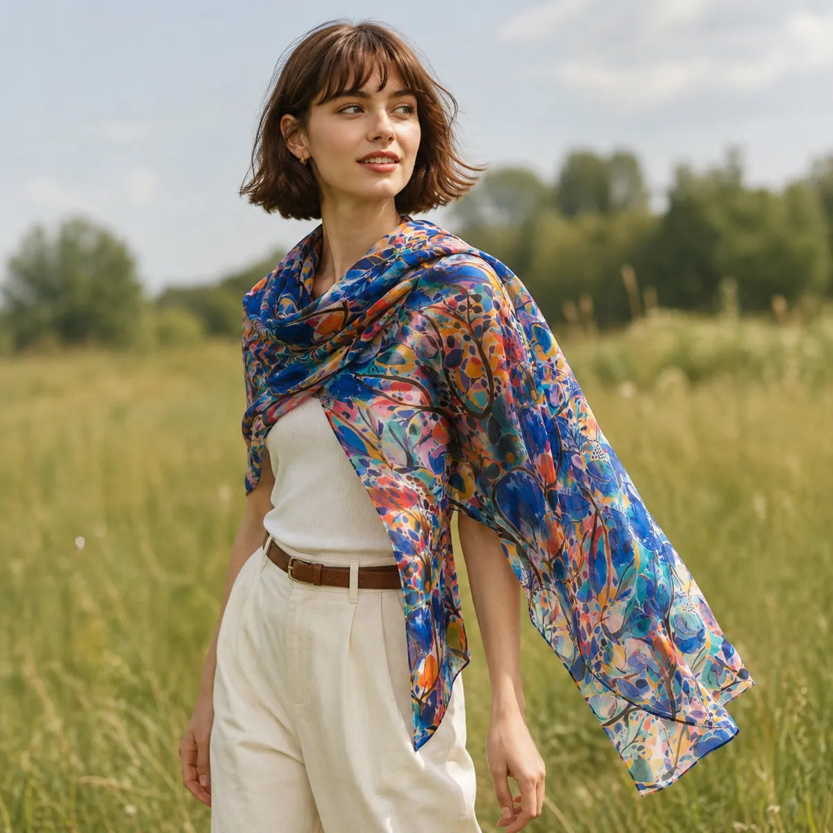 Woman wearing cobalt floral silk shawl outdoors