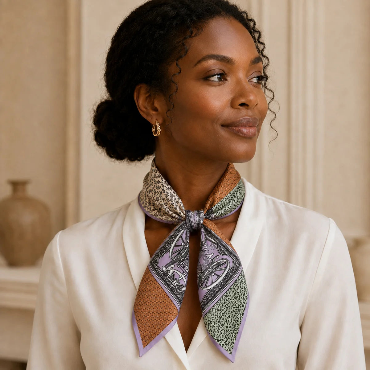 Woman wearing colorblock Silk Square Scarf neck tie