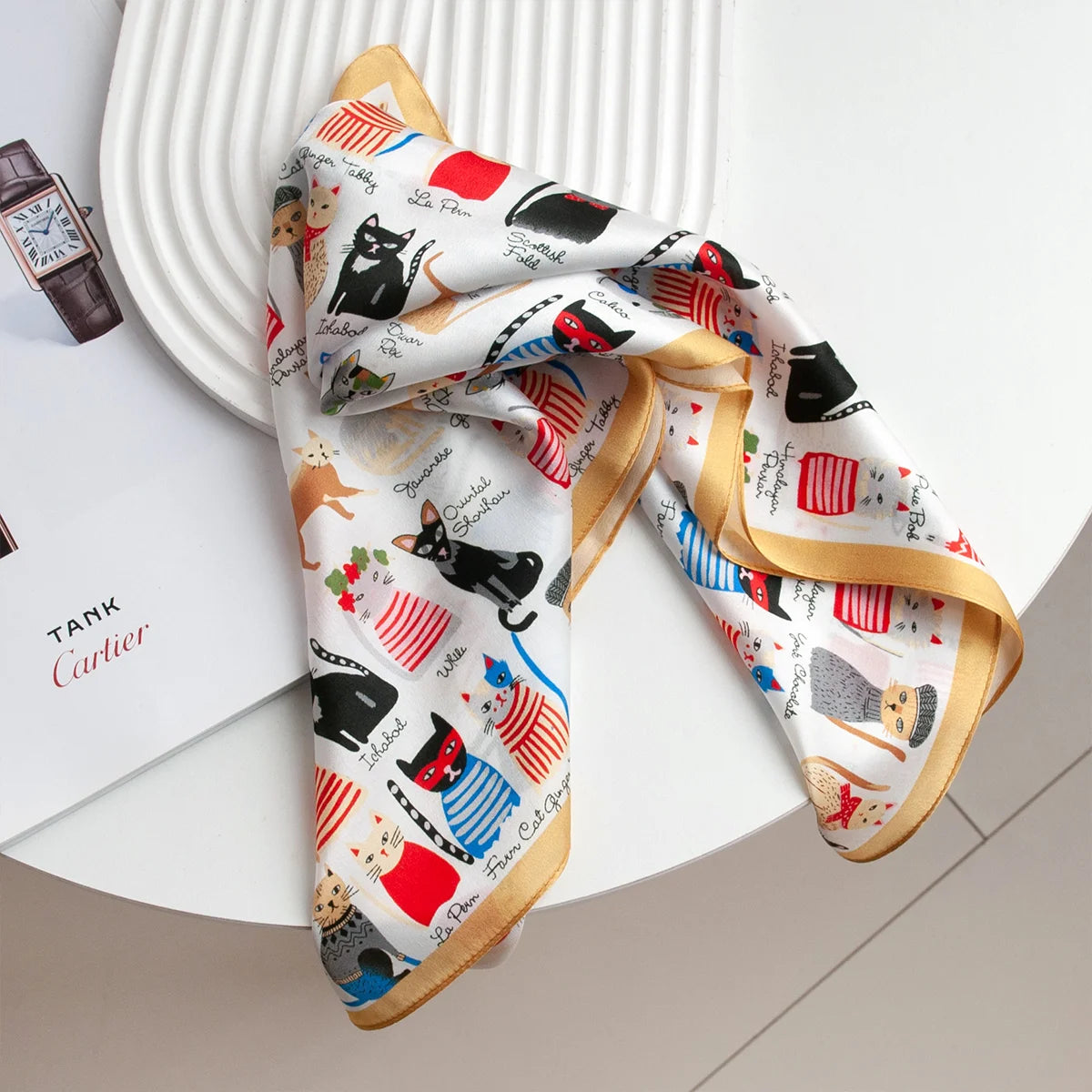 Woman wearing colorful cat Silk Square Scarf necktie