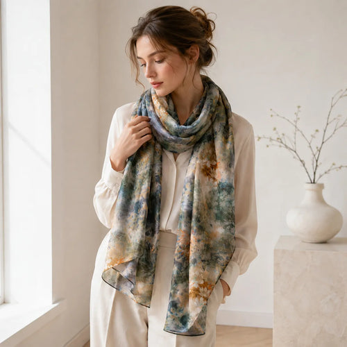 Woman wearing emerald botanical silk scarf indoors