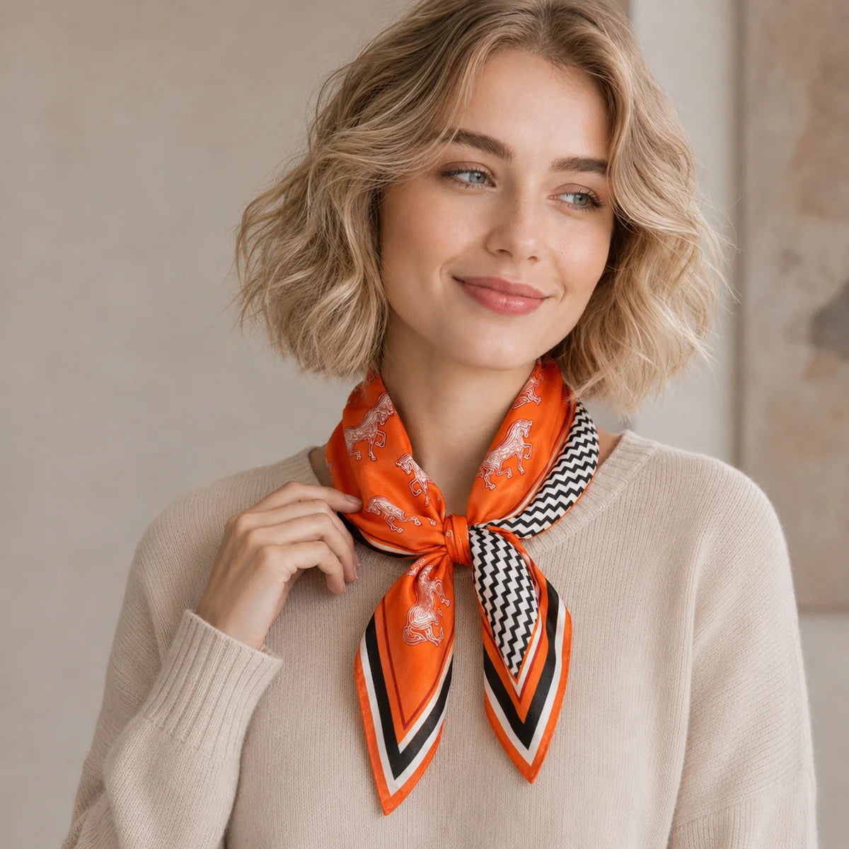 Woman wearing equestrian Silk Square Scarf neck tie