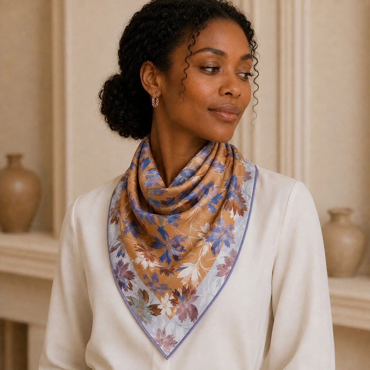 Woman wearing floral Silk Square Scarf bandana style
