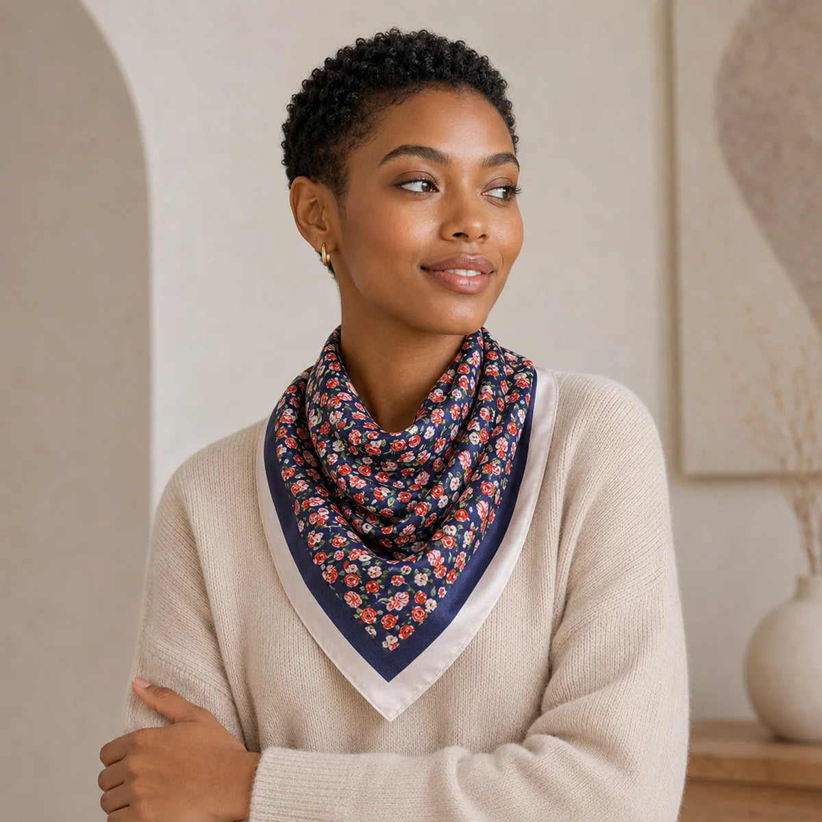 Woman wearing floral Silk Square Scarf bandana style