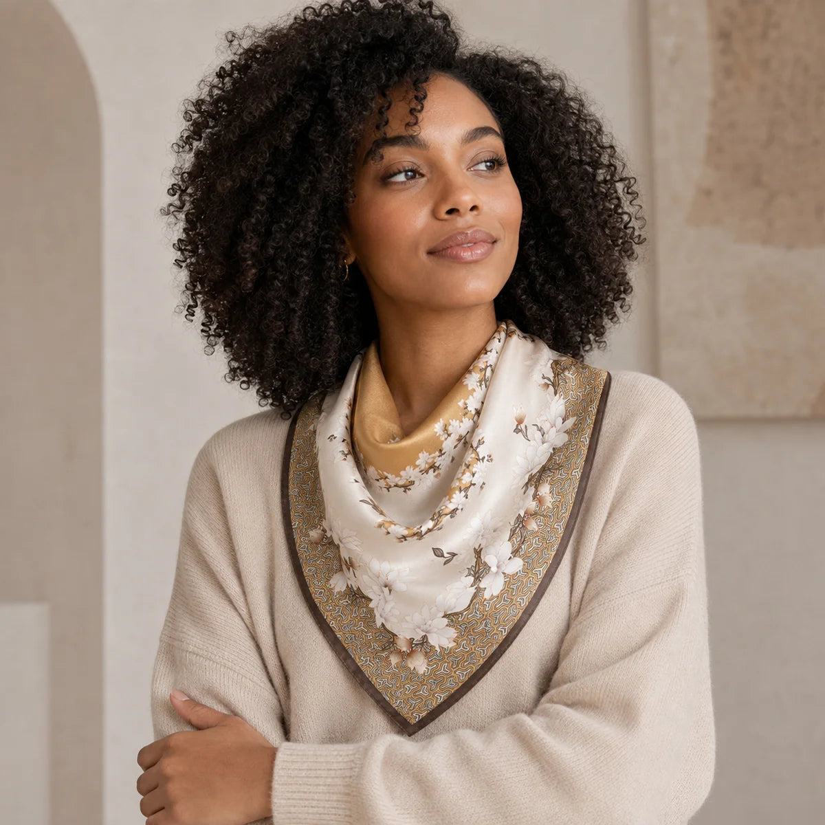 Woman wearing floral Silk Square Scarf bandana style