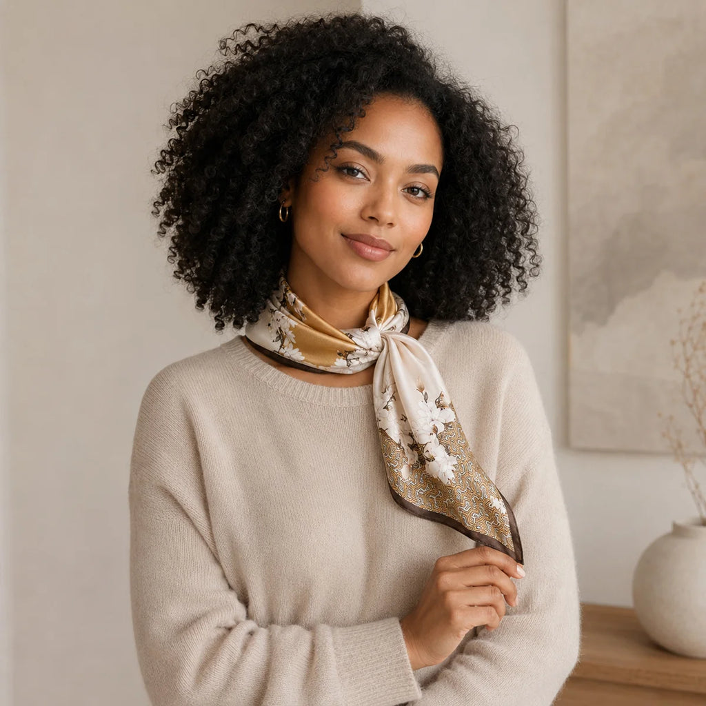 Woman wearing floral Silk Square Scarf neck tie