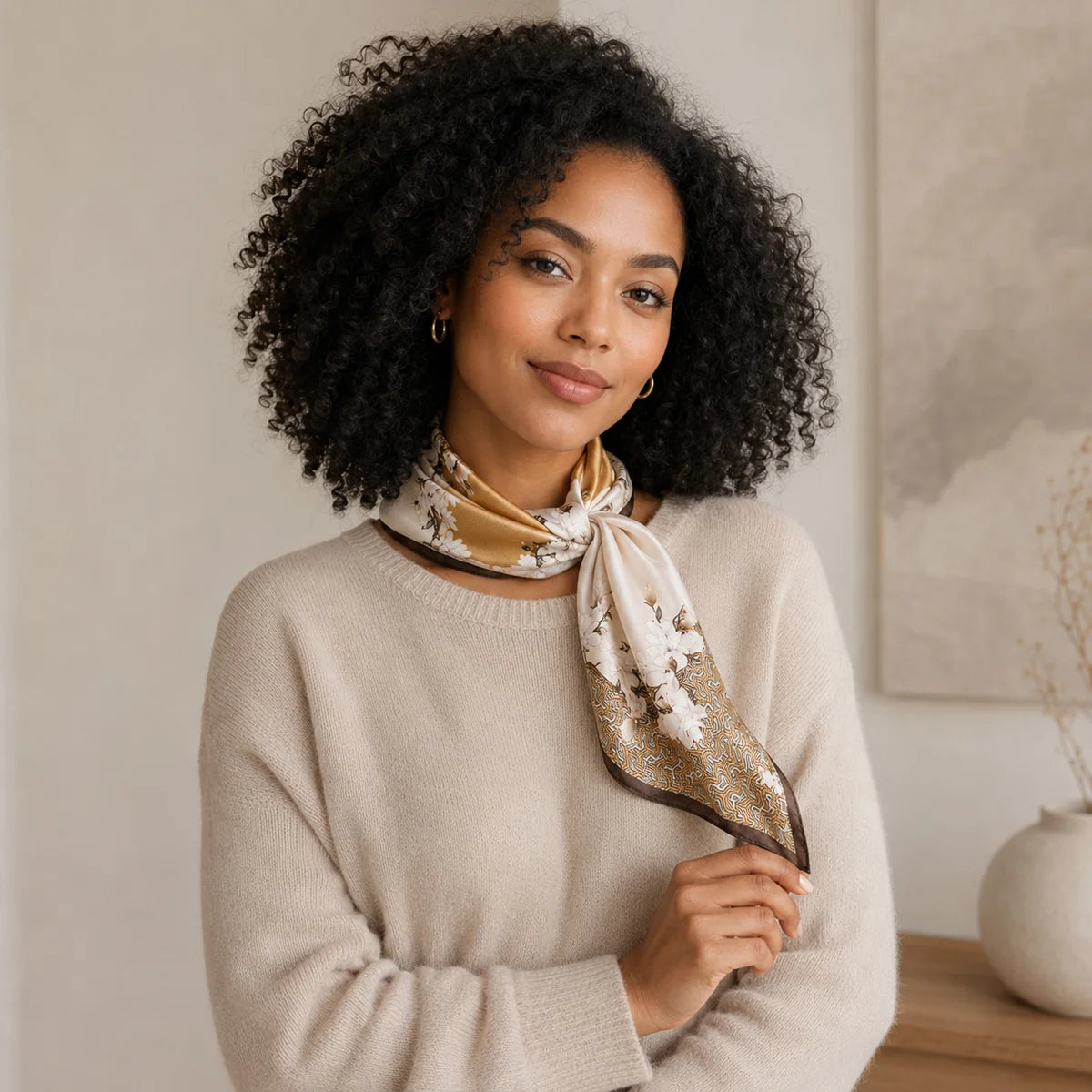 Woman wearing floral Silk Square Scarf neck tie