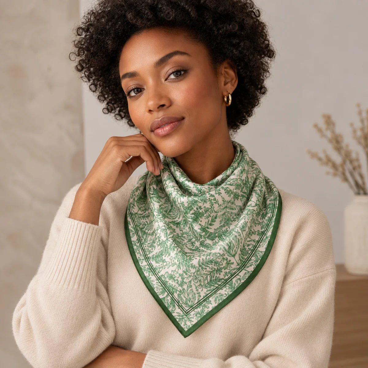 Woman wearing green botanical Silk Square Scarf bandana