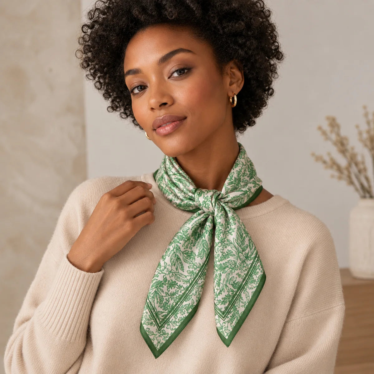 Woman wearing green botanical Silk Square Scarf neck tie