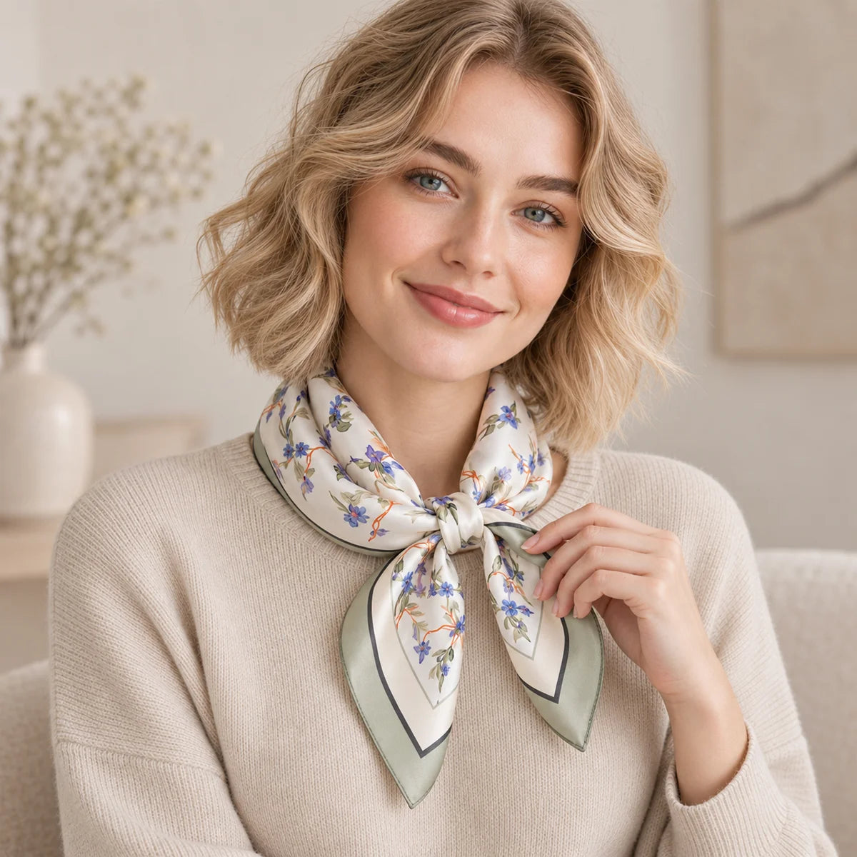 Woman wearing lavender vine Silk Square Scarf necktie