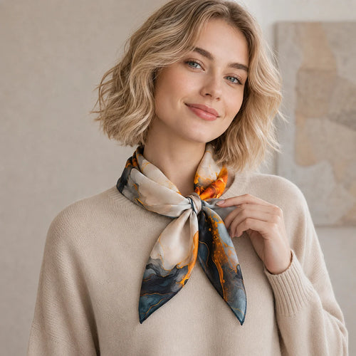 Woman wearing marbled silk scarf neck tie
