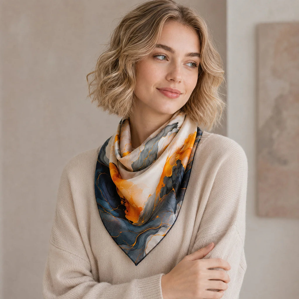 Woman wearing marbled silk scarf triangle drape