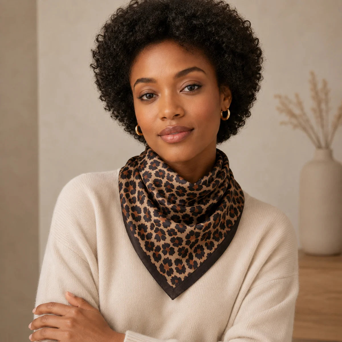 Woman wearing mini leopard Silk Square Scarf bandana
