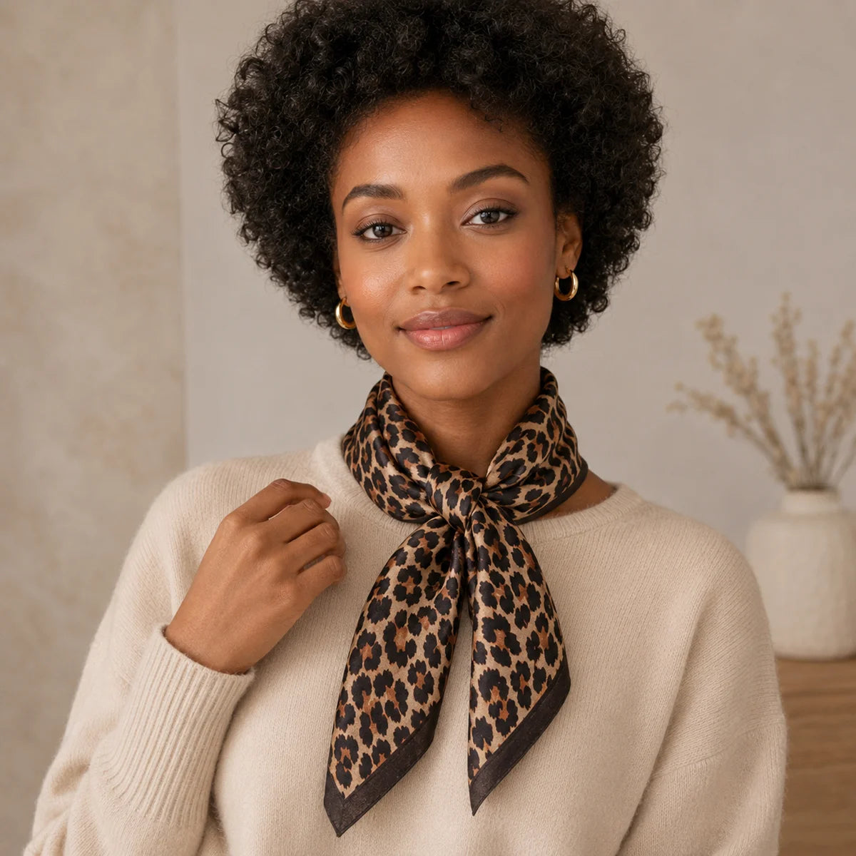 Woman wearing mini leopard Silk Square Scarf necktie
